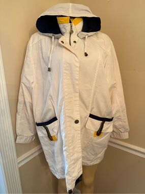 Essentials White Trench Coat with Navy and Yellow Accents
